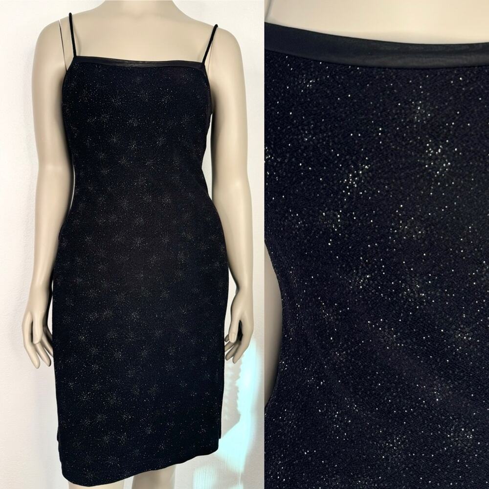 Vintage Y2K A Fortiori Black Glitter Sparkly Bodycon Slip Dress Midi Homecoming